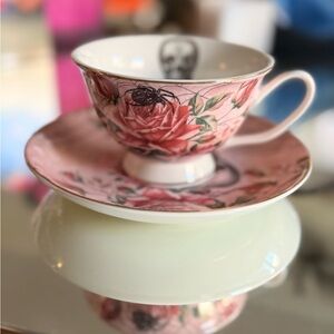 Park Château Gothic Teacup & Saucer – Pink Roses, Skull & Spider Web – Rare